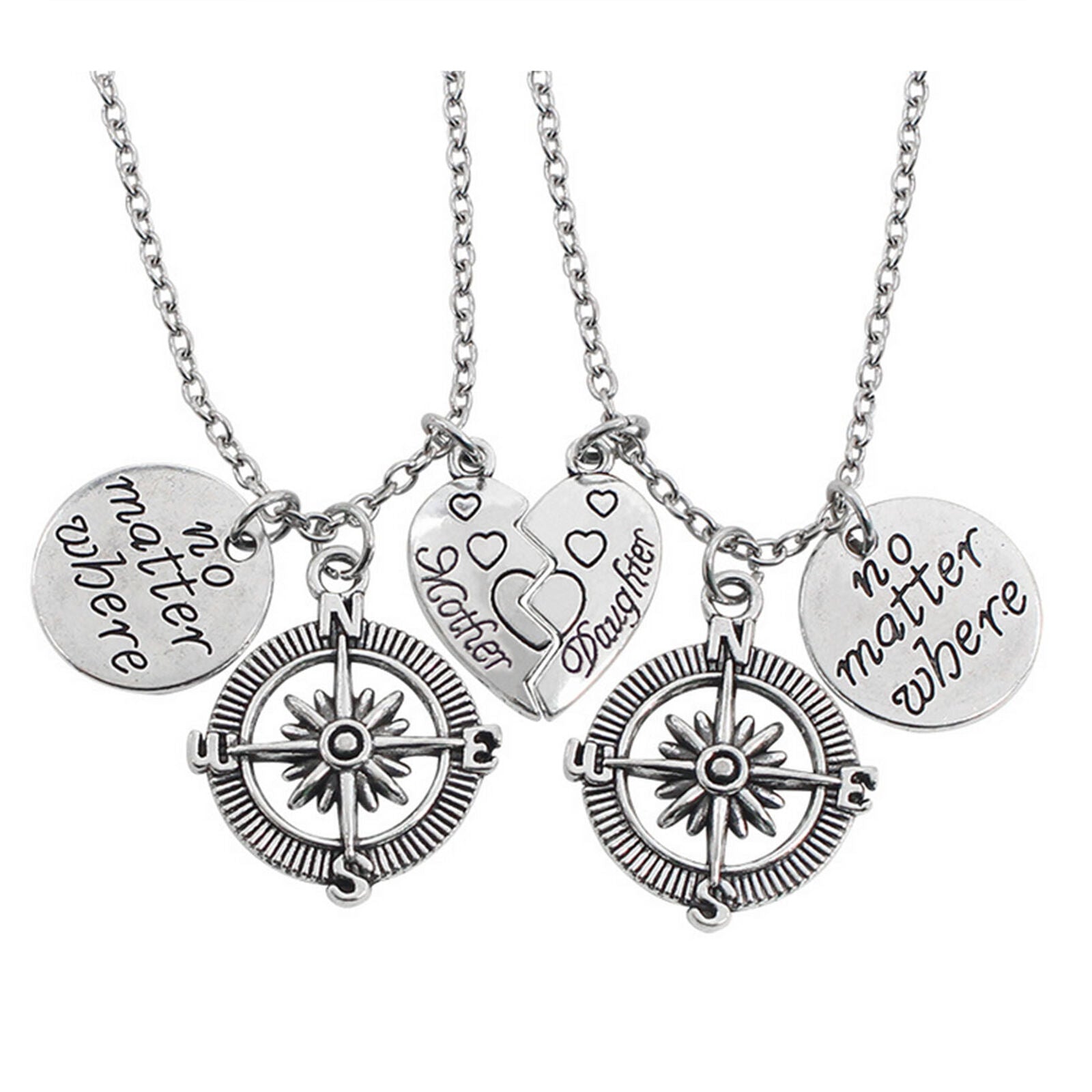 Mother Daughter Best Friends No Matter Where Heart Compass Pendant Necklace Set