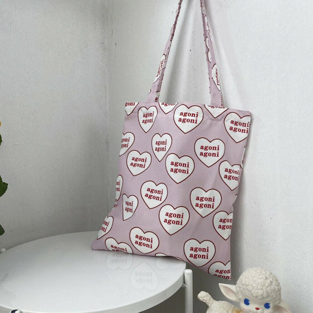 Women Canvas Shoulder Bags Heart Letters Lady Casual Daily Shopping Handbag @