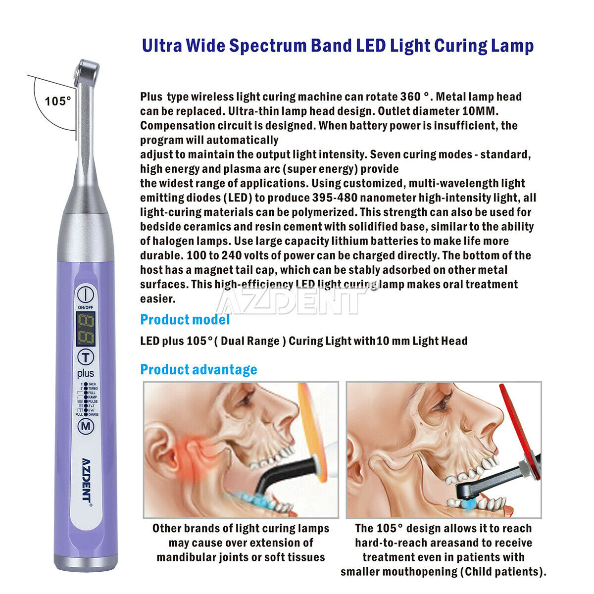 2X AZDENT Dental Wireless LED Curing Light Lamp Plus105 1 Second Curing Purple