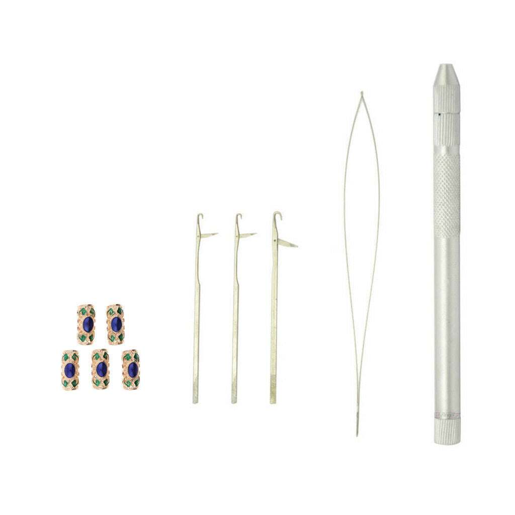 5Pcs Dreadlocks Braiding Hair Beads + Hair Extension Threader Hook