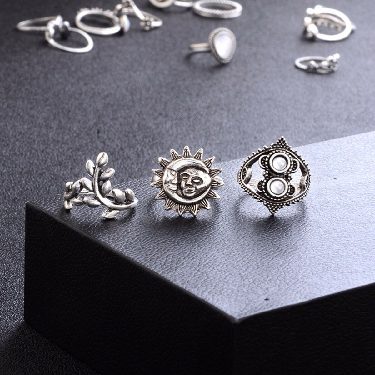 14 PCS/set BOHO Moon & Sun Knuckle Opal Finger Ring Set Leaf Flower Midi Rings