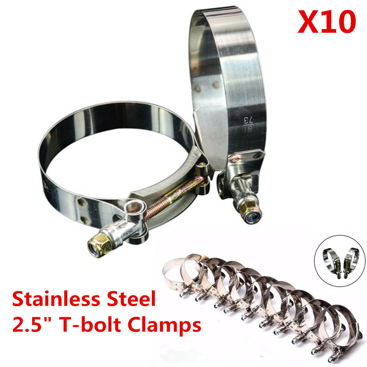 10x Stainless Steel T-bolt Clamps Turbo Pipe Silicone Hose Coupler 64mm to 74mm