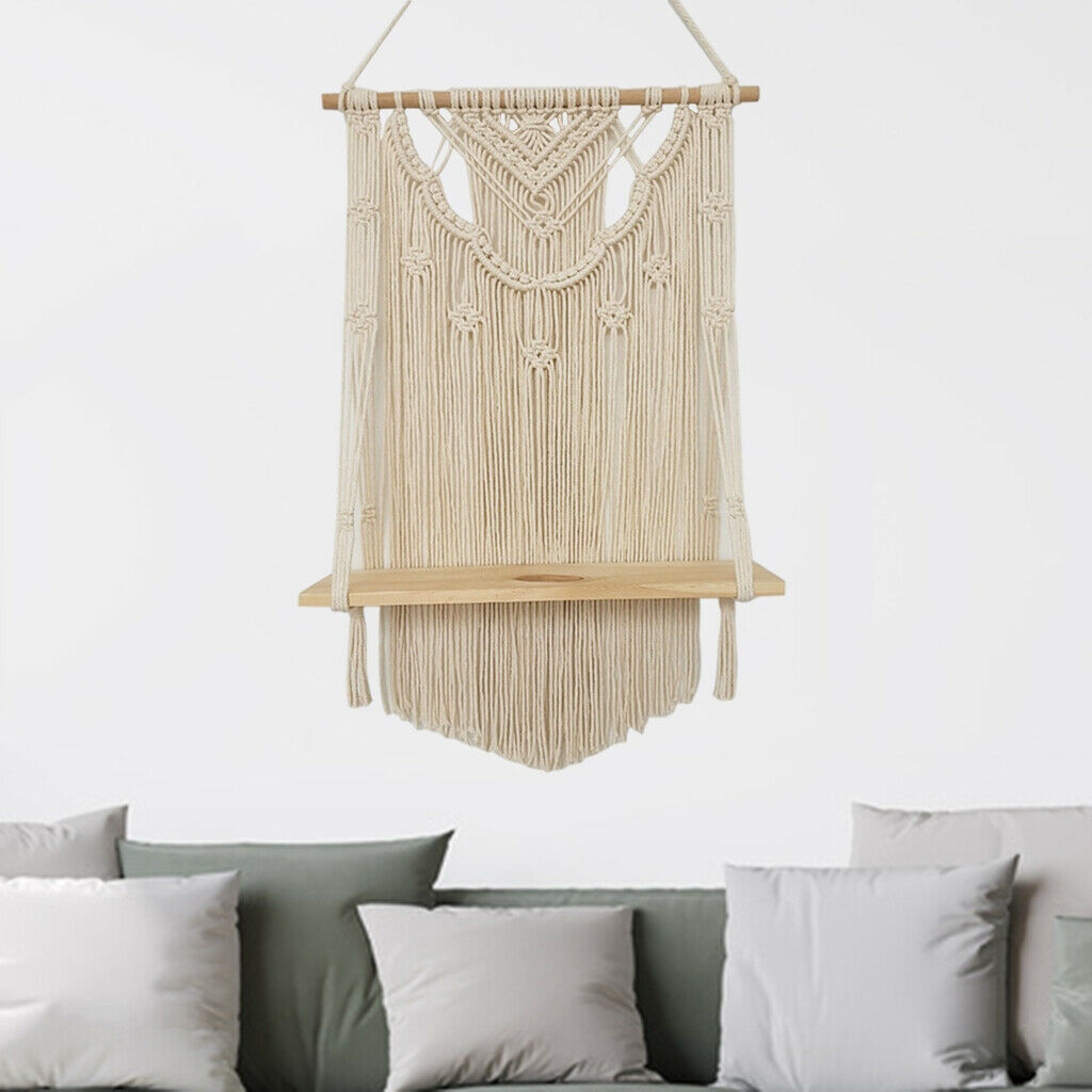Home Bohemian Macrame Wall Hanging Wooden Shelf Storage Unit Wall Mounted
