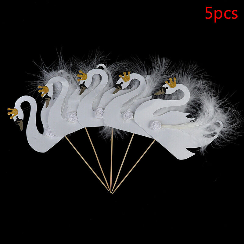 5pcs Cupcake Topper Picks Swan Crown Feather Wedding Party Cake Decor SuppliFCA