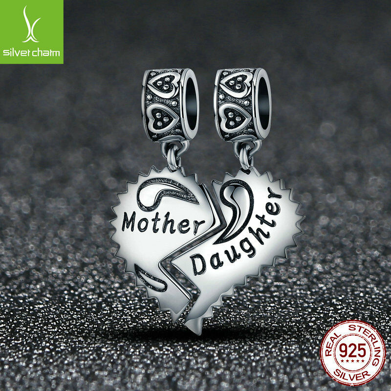 Real 925 Sterling Mother and Daughter Love Forever Hanging Beads Charm fit Chain