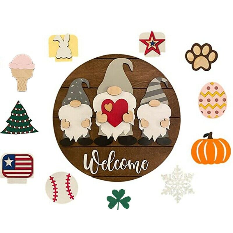 Triple Gnome Interchangeable All Season Welcome Sign Rustic Farmhouse Front V5O2