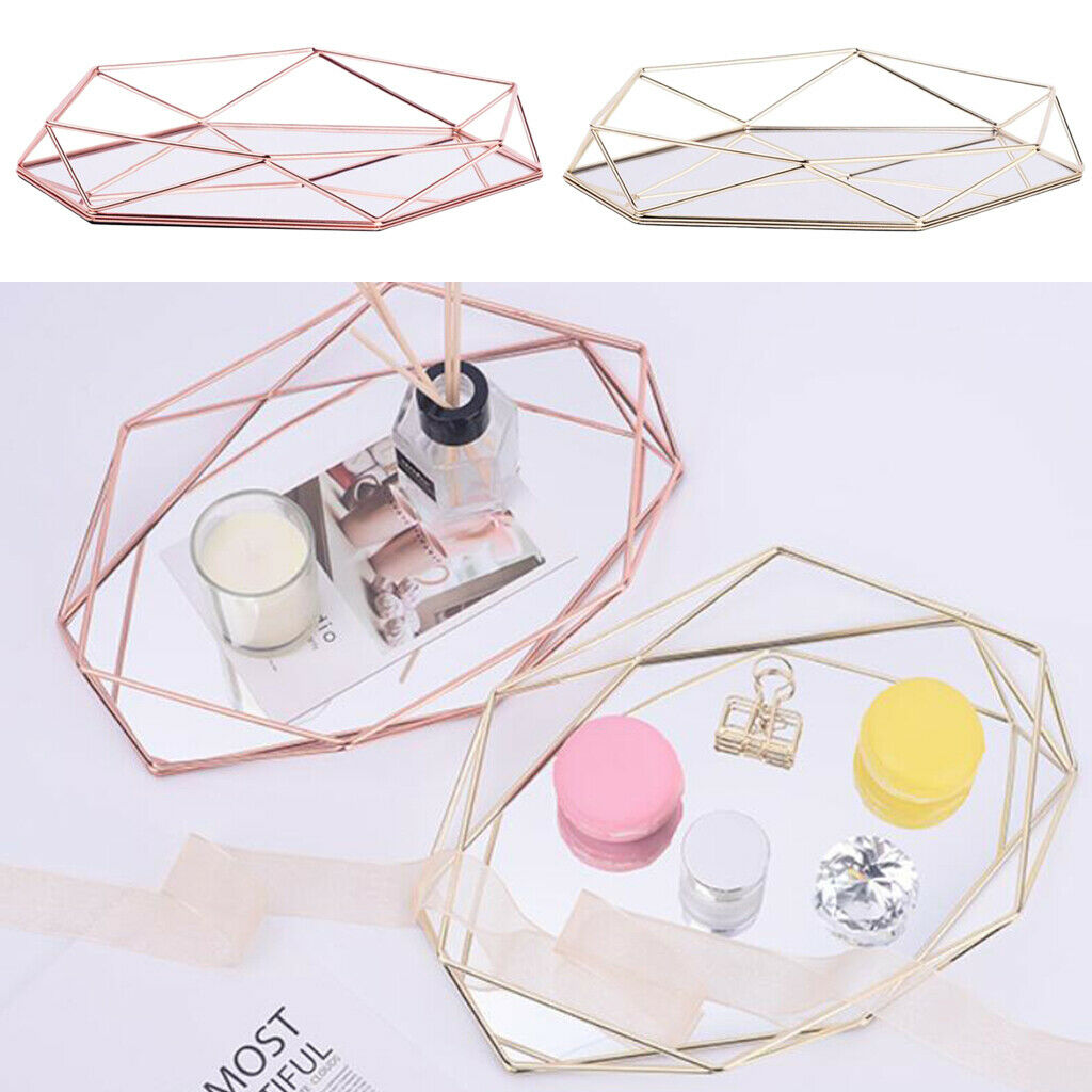 Metal Glass Jewelry Tray Makeup Cosmetic Organizer Storage Box Dessert Plate -