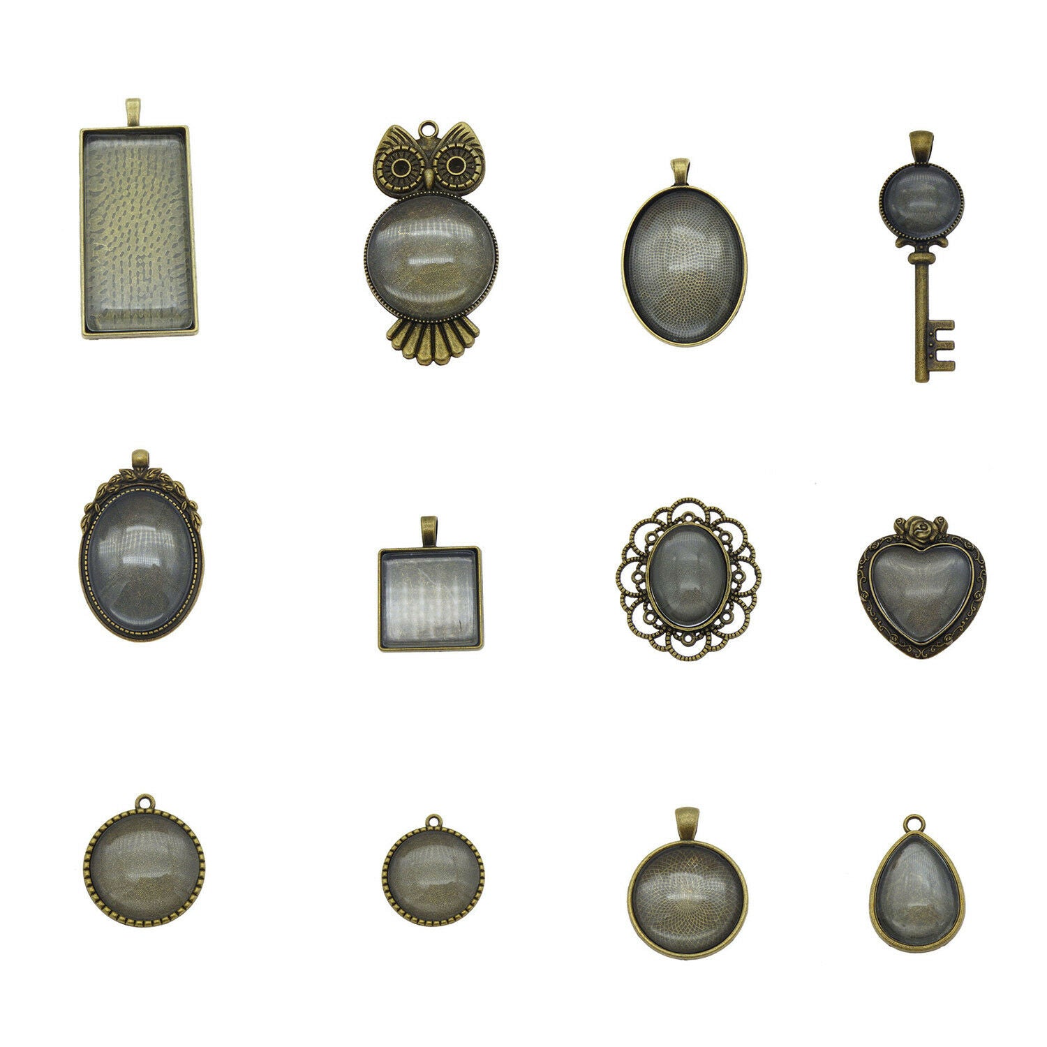 10 sets Antiqued Bronze Alloy Bezels Glass Cabochons Photo Making Pendants Mix