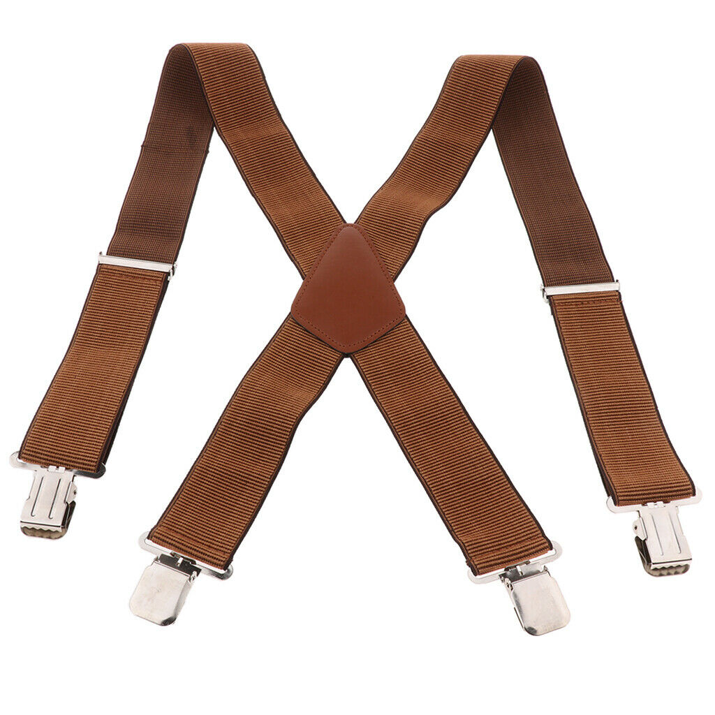 Mens Suspenders X Back Wide Elastic Adjustable Trouser Clips Braces Brown