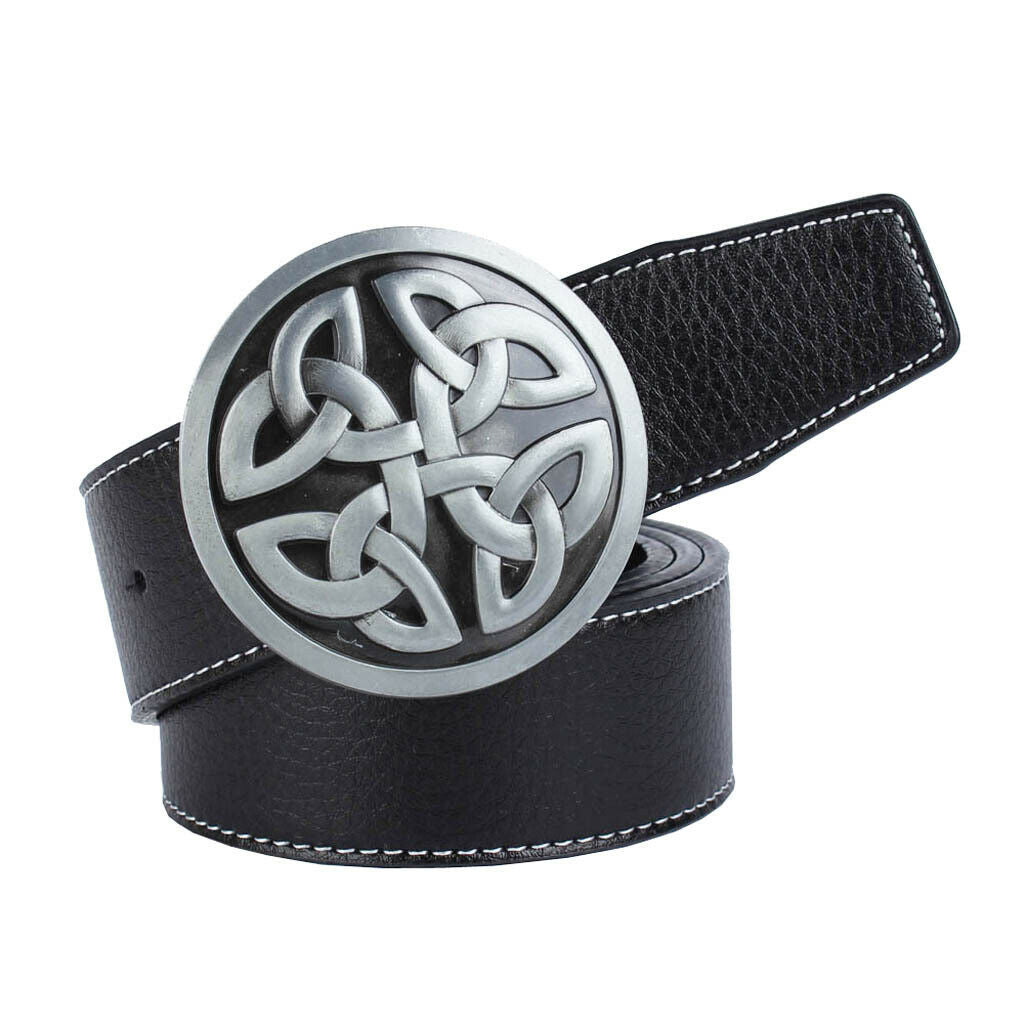 Adjustable Men's Leather Belt with Zinc Alloy Celtic Buckle for Jeans - Black,