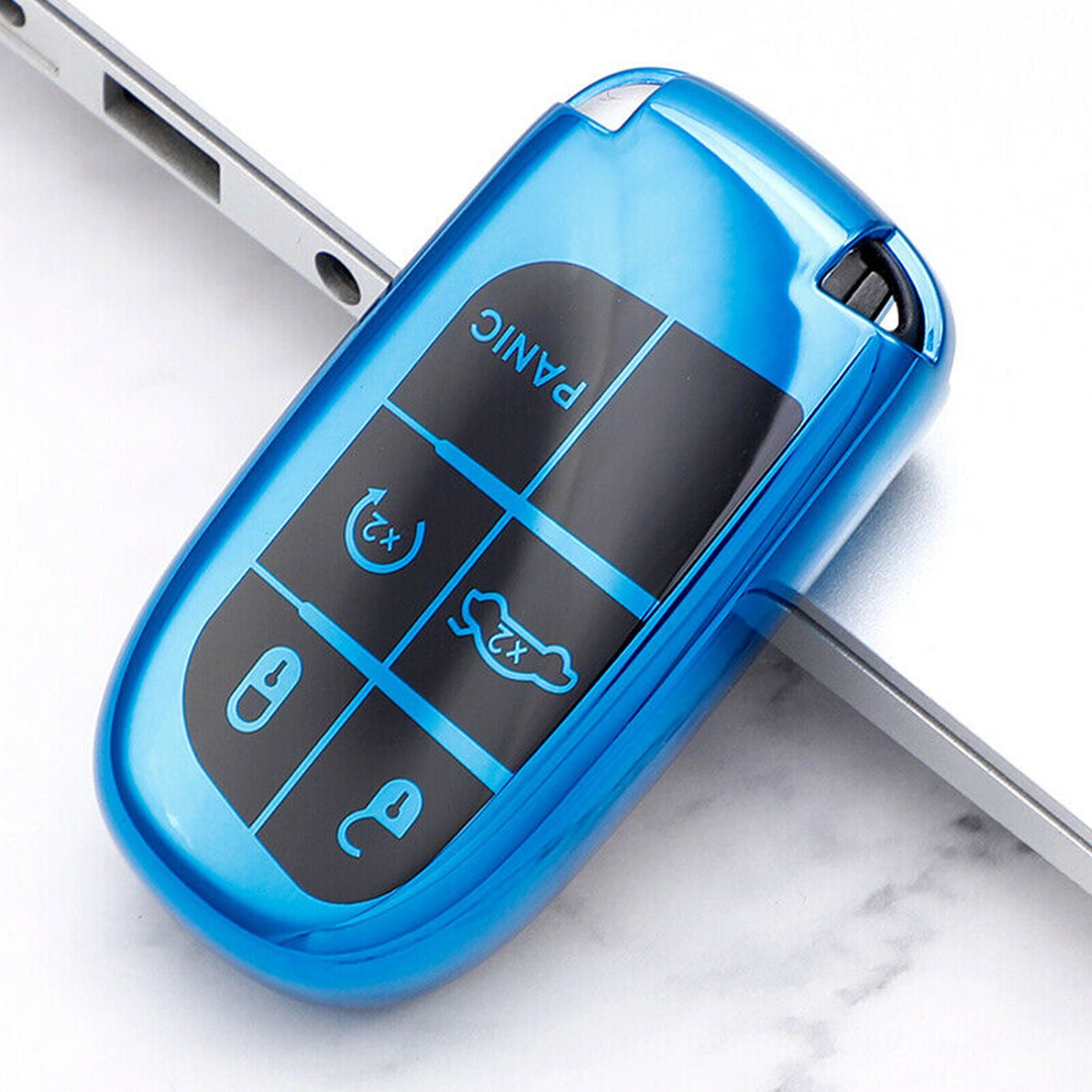 Blue TPU Full Covered Key Fob Cover Keychain for Jeep Dodge Charger Journey Dart