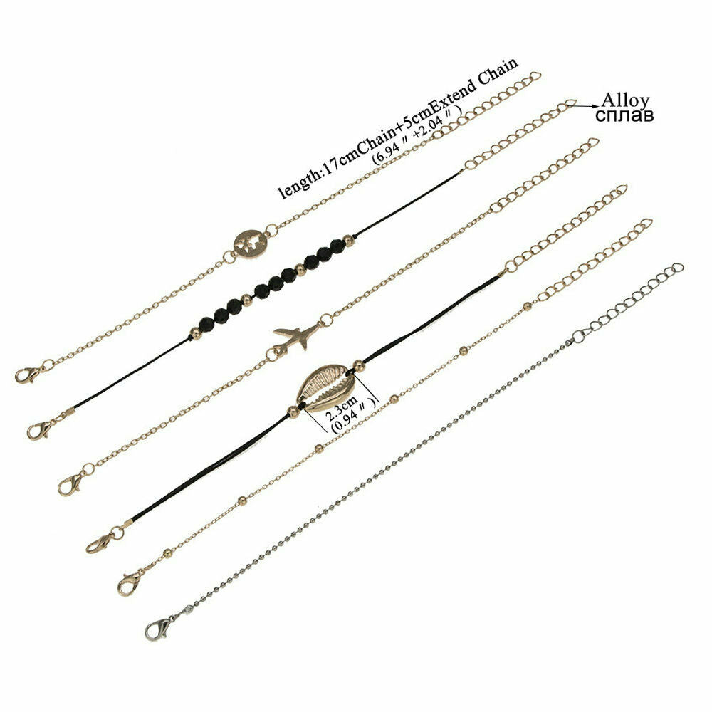 6 Pcs Fashion Women Boho Shell Airplane Beads Map Chain Bracelet Bangle Jewelry