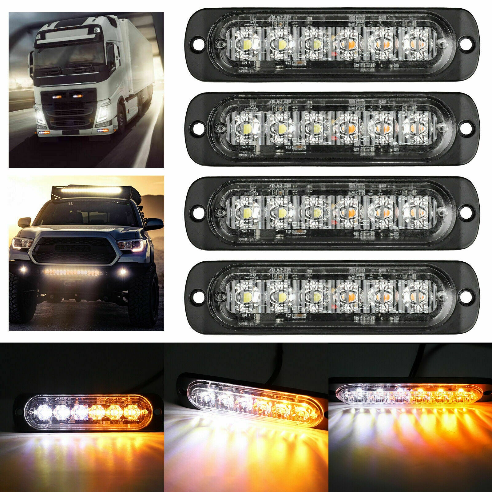 4X Amber/White 6LED Car Truck Emergency Beacon Warning Hazard Flash Strobe Light
