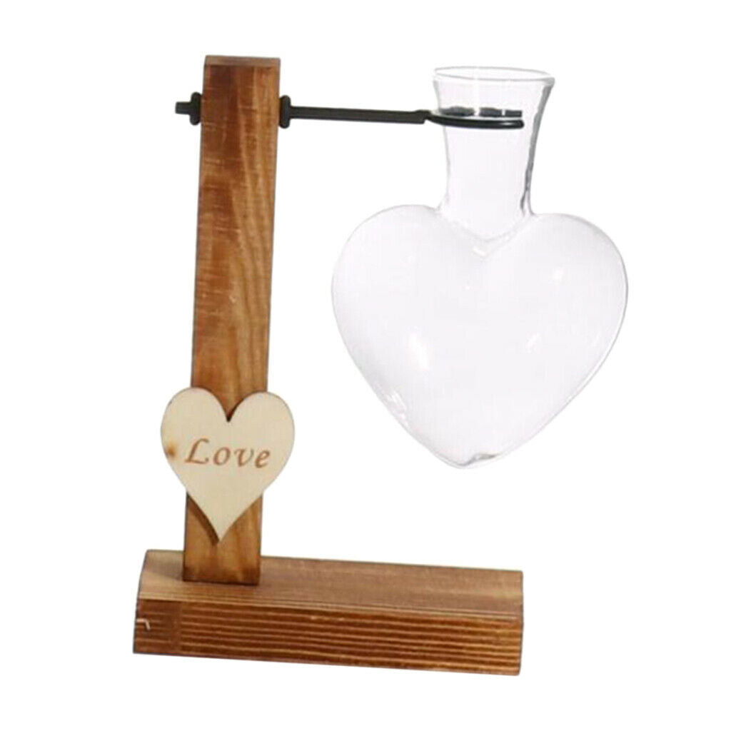 Modern Love Heart Shape Tabletop Glass Hydroponic Flower Vase w/Wooden Stand