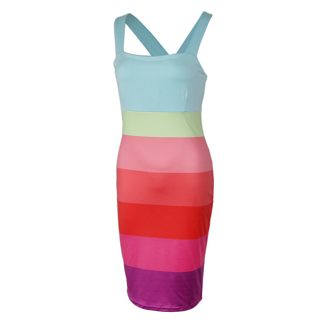 Women Stripe Bodycon Pencil Cocktail Evening Summer Party Midi Dress M Pink