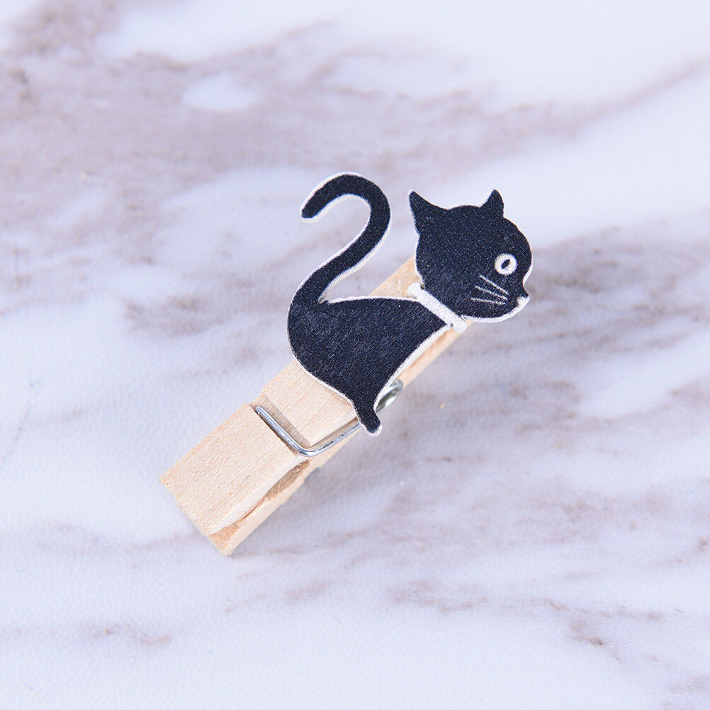 10x Cute cat wooden clips with hemp rope Mini paper clip for students DIY.l8