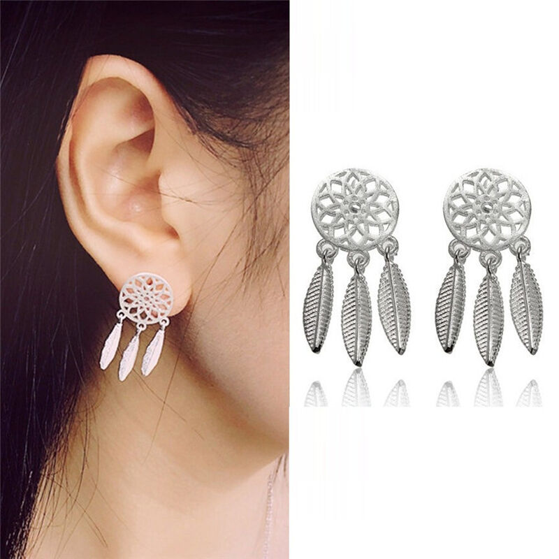 1Pair Bohemia Women Dream Catcher Feather Ear Stud Drop Earrings Jewel.l8