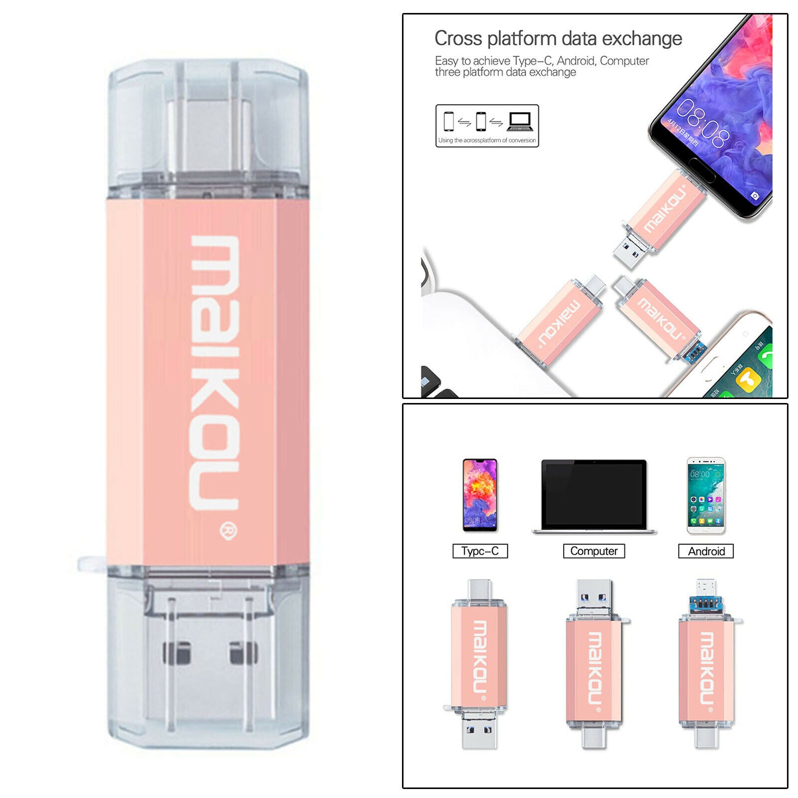 3 in 1 128GB USB Flash Drive Type-C&Micro USB Memory Stick for Phone PC Pink