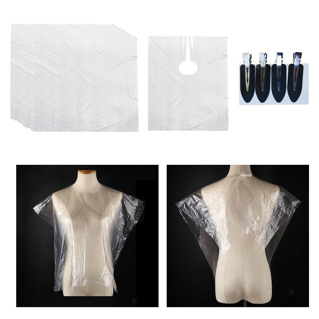 100x Disposable Hair Cutting Cape Cloth Clear Salon Gowns Apron + 4x Clips