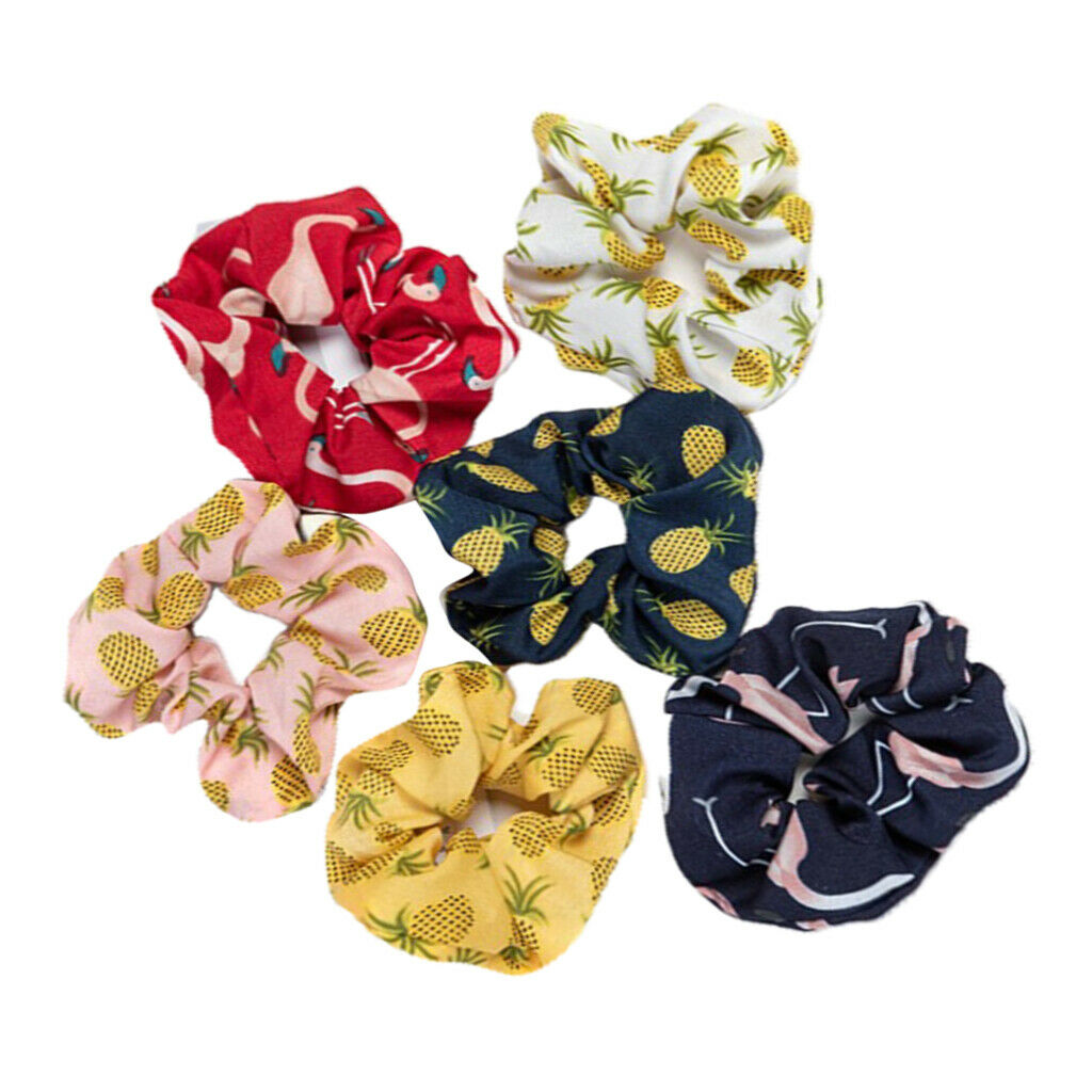 6Pack Ladies Satin Hair Scrunchies Pineapple Printed Hair Cord Scrunchy