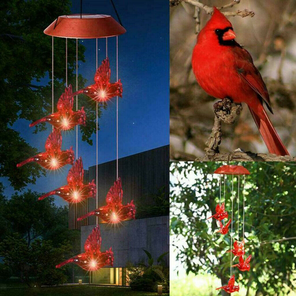 LED Solar Powered Cardinal Wind Chime Light Waterproof Garden Patio Decor