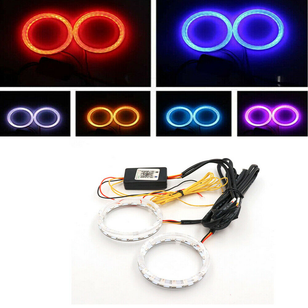 2Pcs 95mm RGB LED Angel Eyes Lights Headlight w/ Halo Ring APP Control Universal