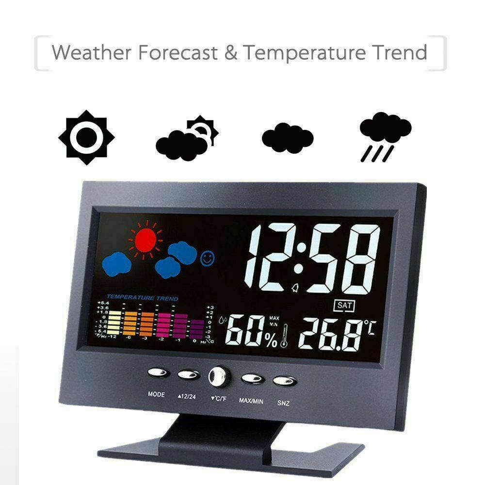 Desk Led Digital Alarm Clock Time Snooze Calendar/Weather/Date/Temp LCD Display
