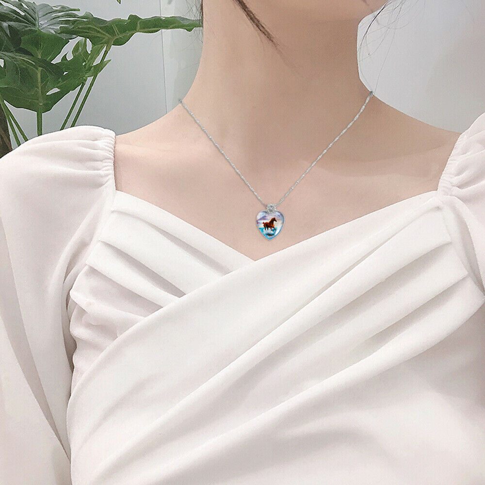 Stunning Womens Peach Heart Animal Pendant Necklace Horse Crystal Jewelry Gift