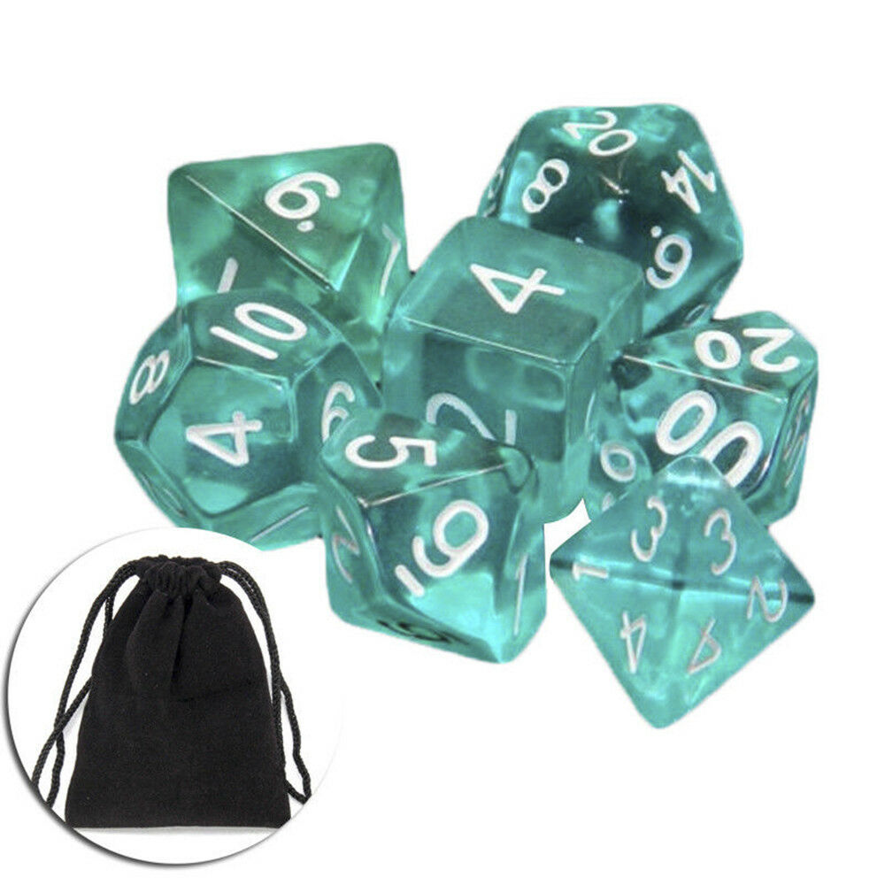 Lots of 7 Piece Polyhedral Set Cloud Drop Translucent Teal RPG DnD With Dice Bag