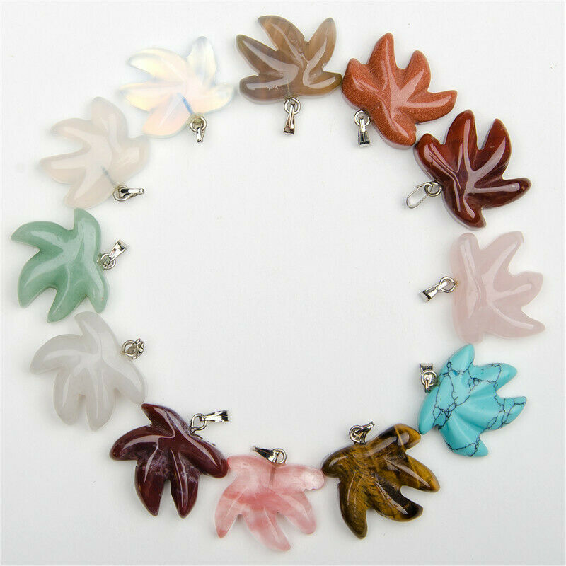 12Pcs Multicolor Mixed Stone Maple Leaf Pendant For Necklace 23x20x6mm HH6842