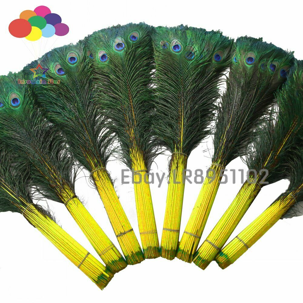 Wholesale 100 pcs Yellow Peacock Eye Tail Feathers about 70-80 cm for Earring