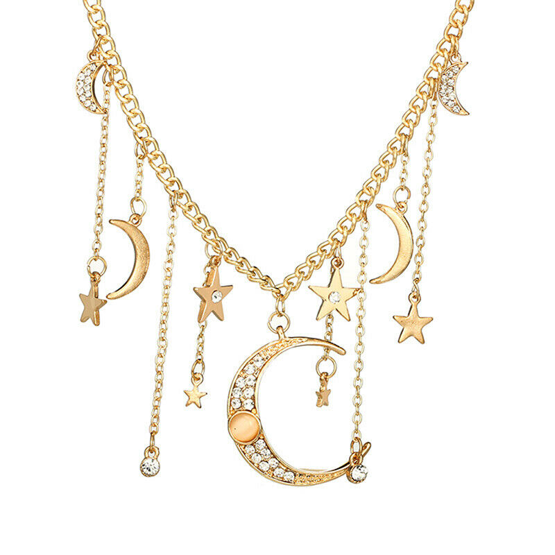 Fashion Star Moon Pendant Tassel Necklace Shiny Crystal Choker Women Jewe.l8