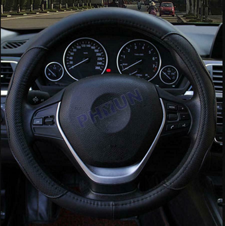 Black PU Leather Embossed Car Steering Wheel Cover Four Season Protector 37-38cm