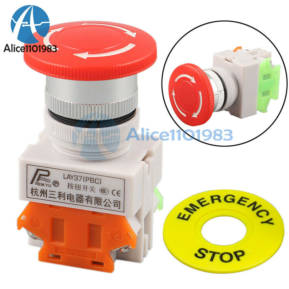 5PCS AC 660V 10A Mushroom Cap 1NO 1NC DPST Emergency Stop Red Push Button Switch