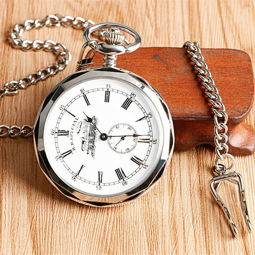 Retro Open FaceSilver Railway Mechanical Hand Winding Pocket Watch Chain Gift
