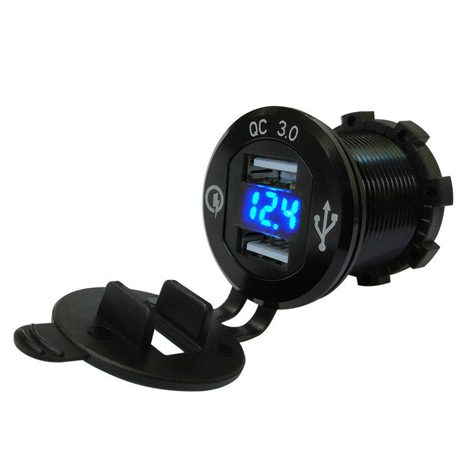 Blue Metal 4.2A Motorcycle Dual USB Charger LED Voltage Digital Display For BMW