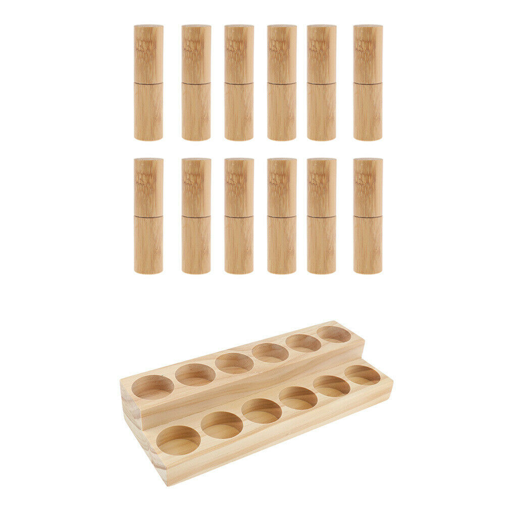 Wood Essential Oil Display Stand with 12 Roller Ball Refillable Bottle Kit