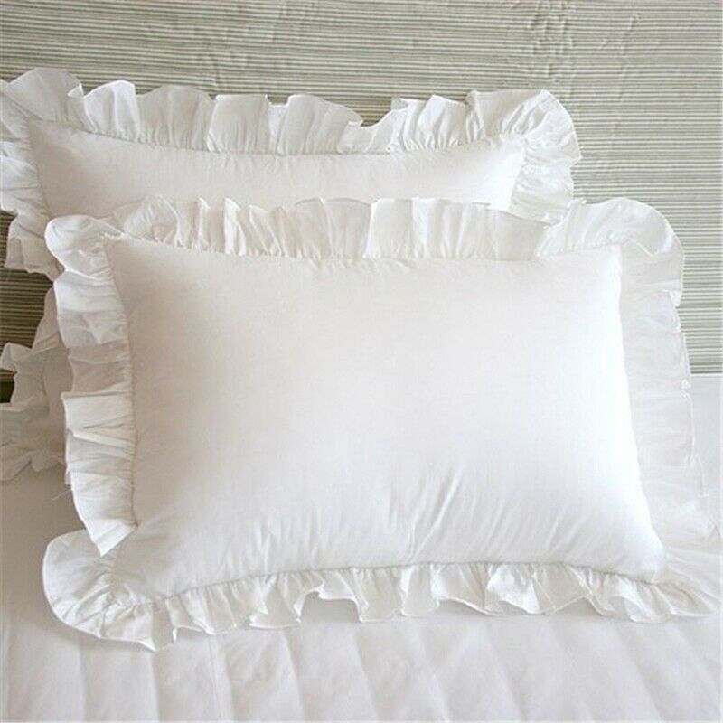 2Pcs White Pillowcase Bedding Cotton Solid Ruffle Pillow Sham Princess EuropeaK7