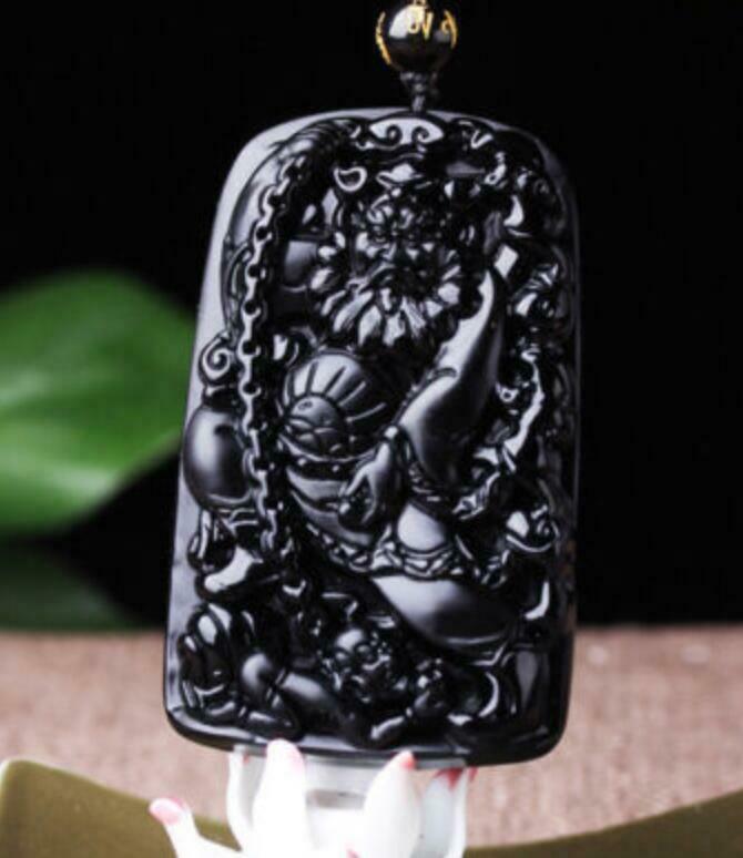 Natural Black Obsidian Hand Carved ZHONGKUI Lucky Pendants+Beads Necklace