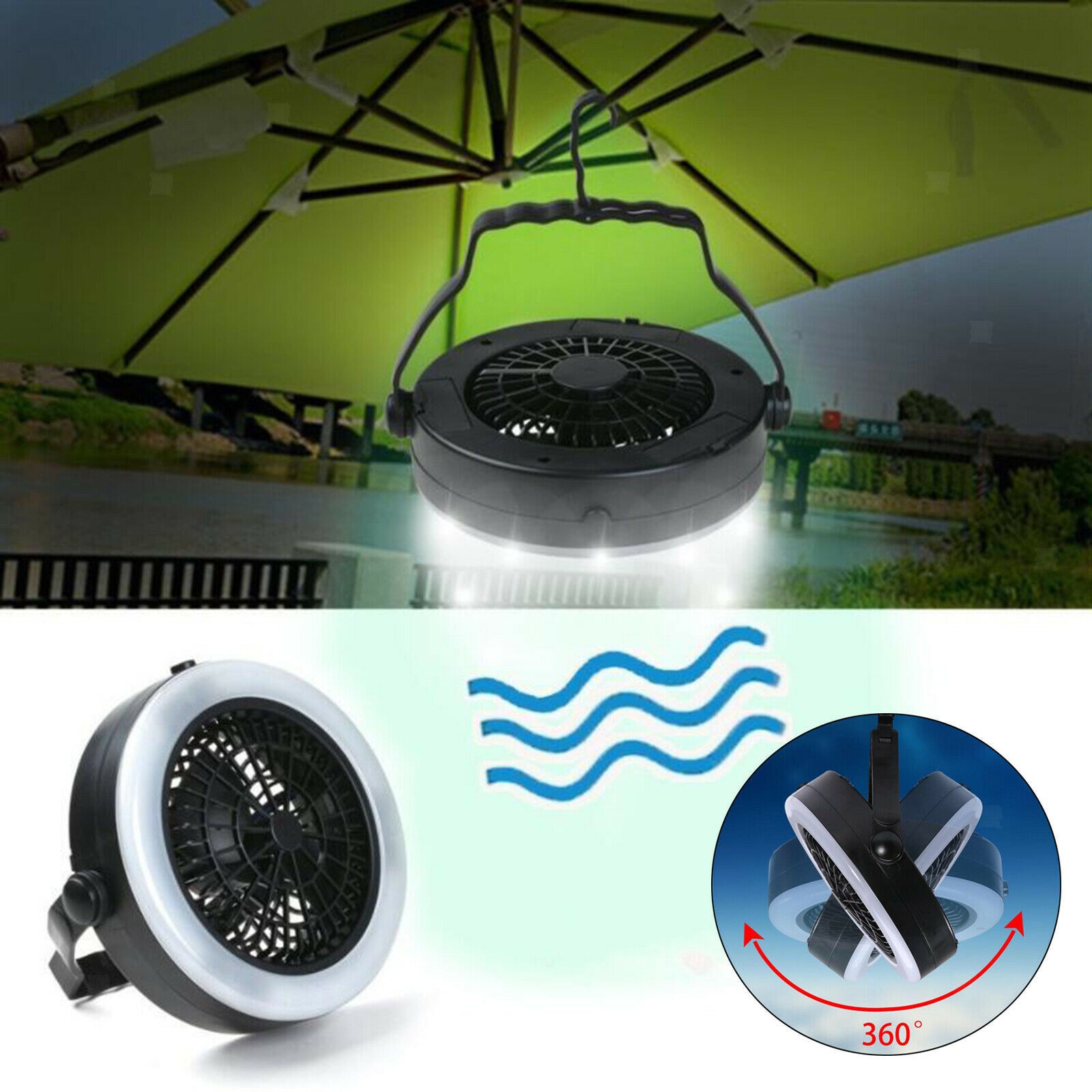 Tent Fan with Light Camping Lantern RV Traveling Travel Desk Fan with Hook