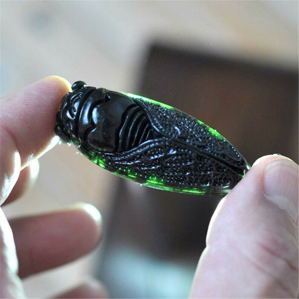 Chinese Natural Obsidian Green Jade Hand Carved Cicada Good Luck Pendant Jewelry