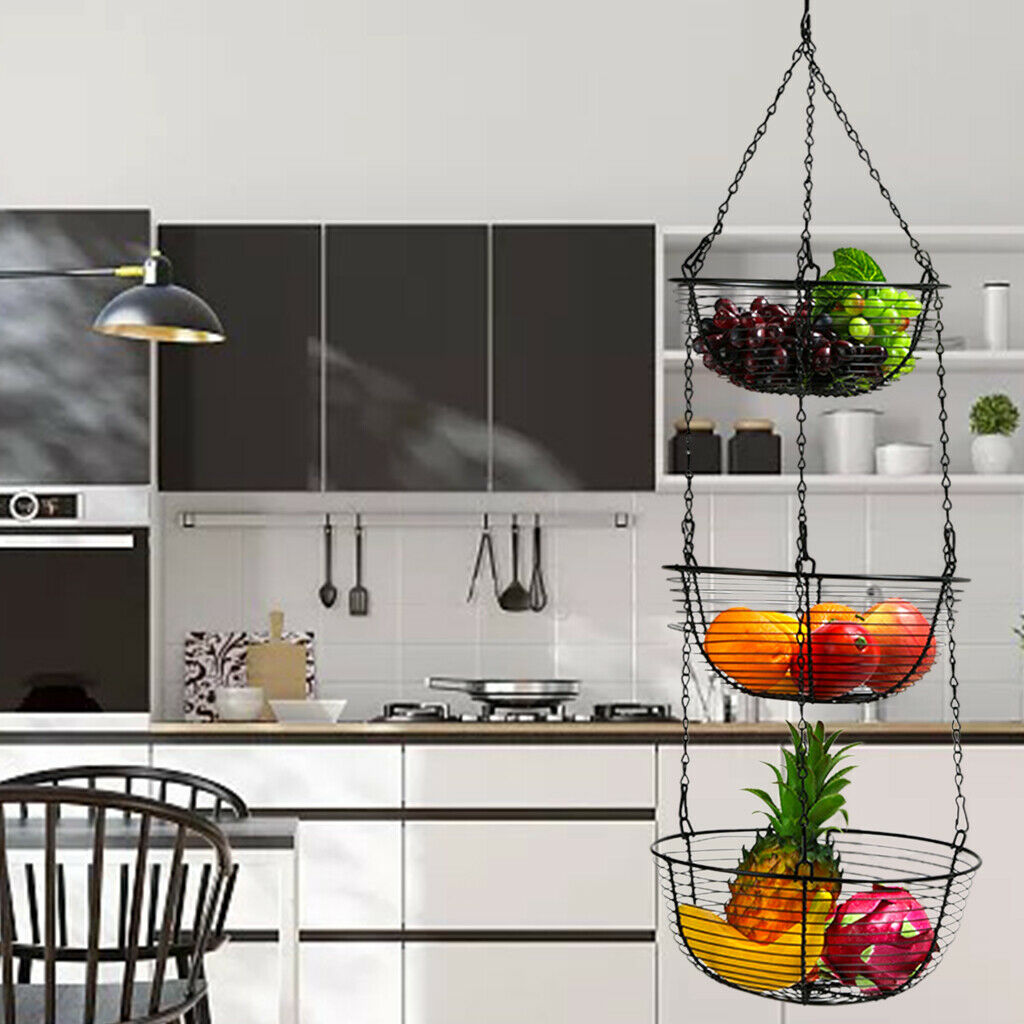 3-Tier Iron Hanging Fruit Basket Rack for Modern Kitchen Living Room Table