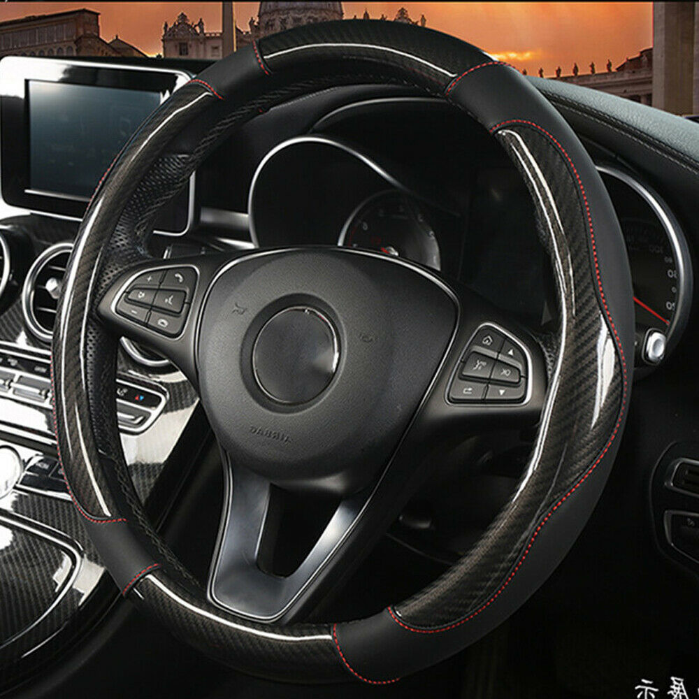38cm Black Car Steering Wheel Cover Non-slip Leather Carbon Fiber Braid Style