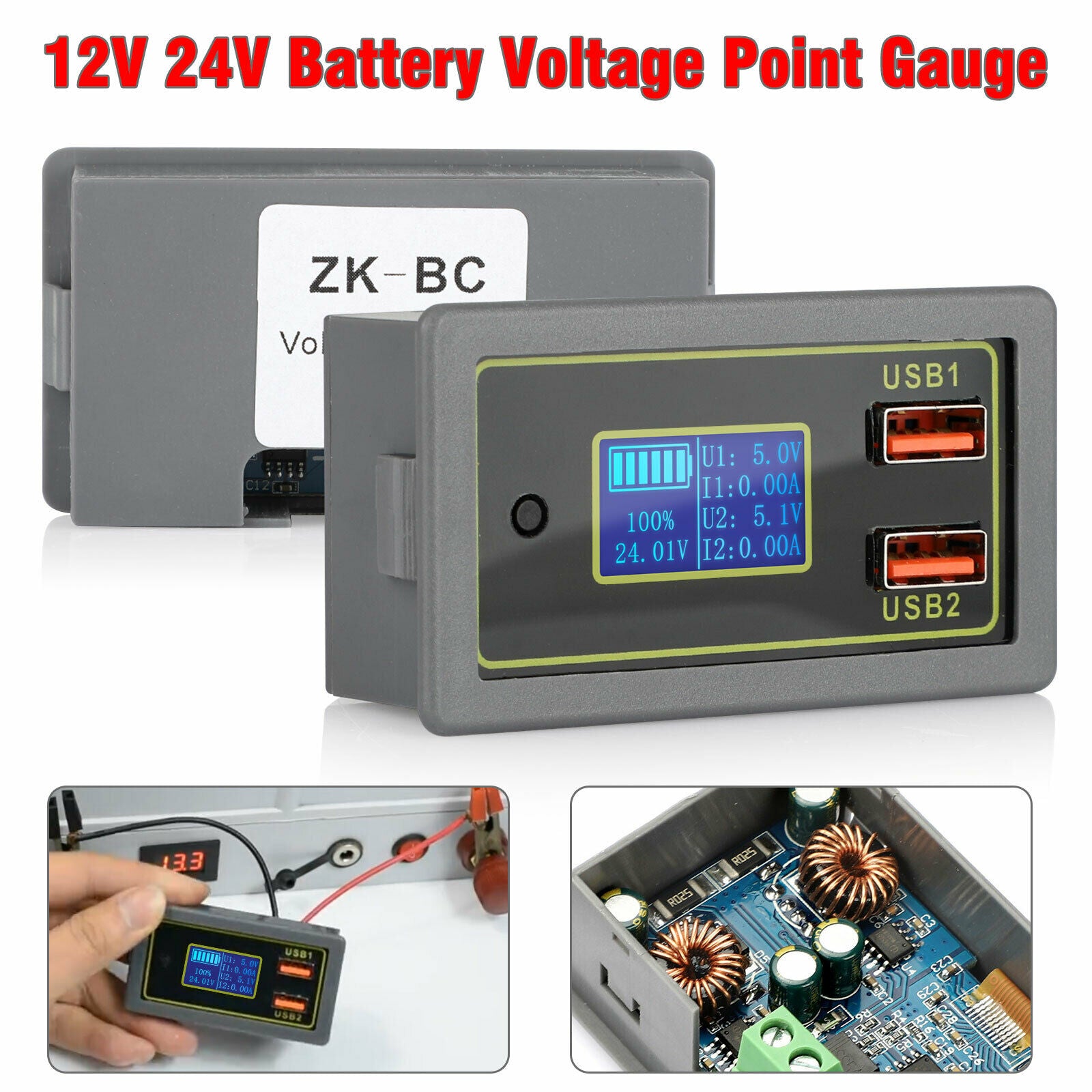 12V/24V LCD DC Battery Voltage Capacity Monitor Meter Amp Cars RV Solar System