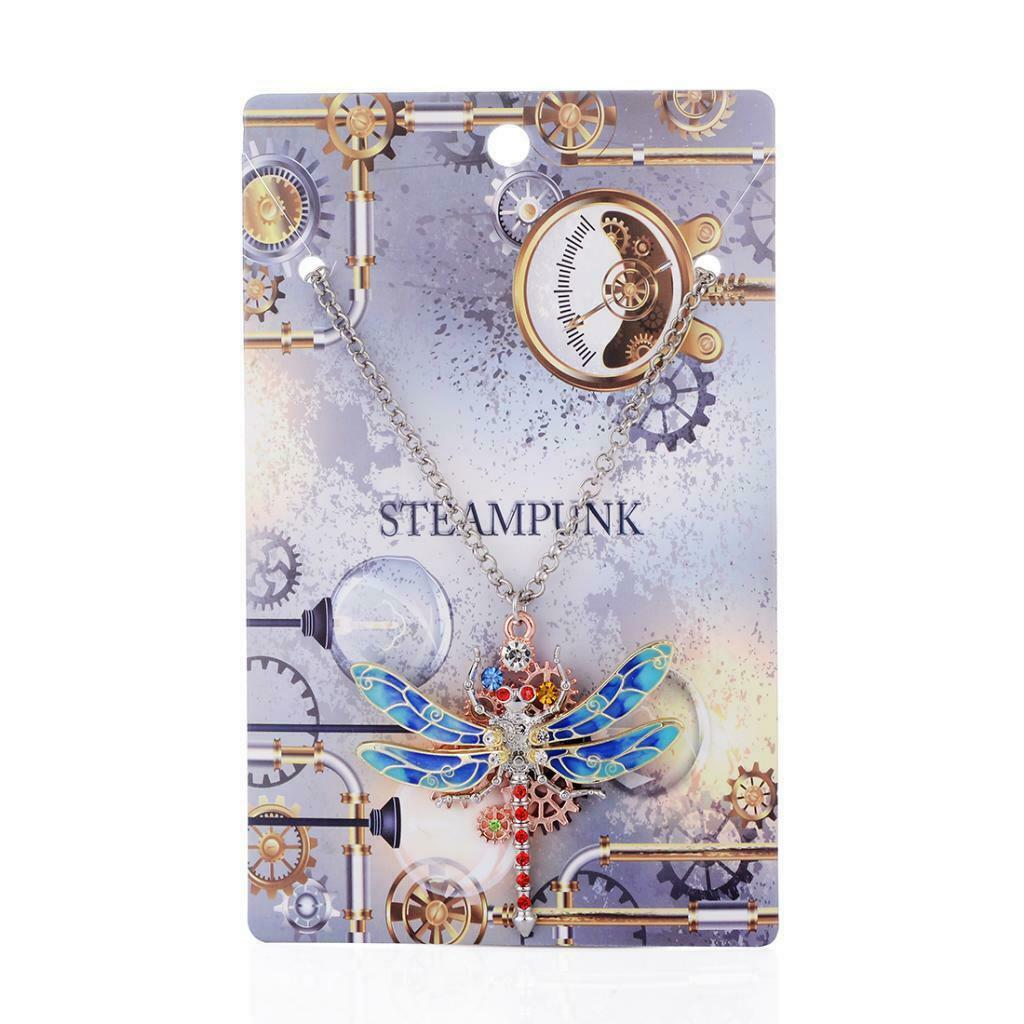 Steampunk Crystal Dragonfly Shaped Gear Pendant Women Gothic Necklace  Red