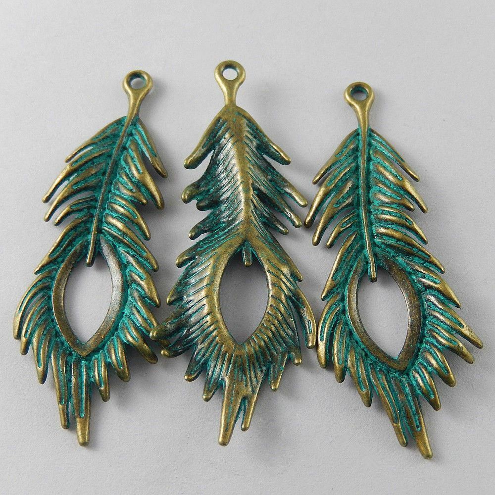 10 pcs Antiqued Zinc Alloy Patina Green Peacock Feather Charms Pendant 71x27mm