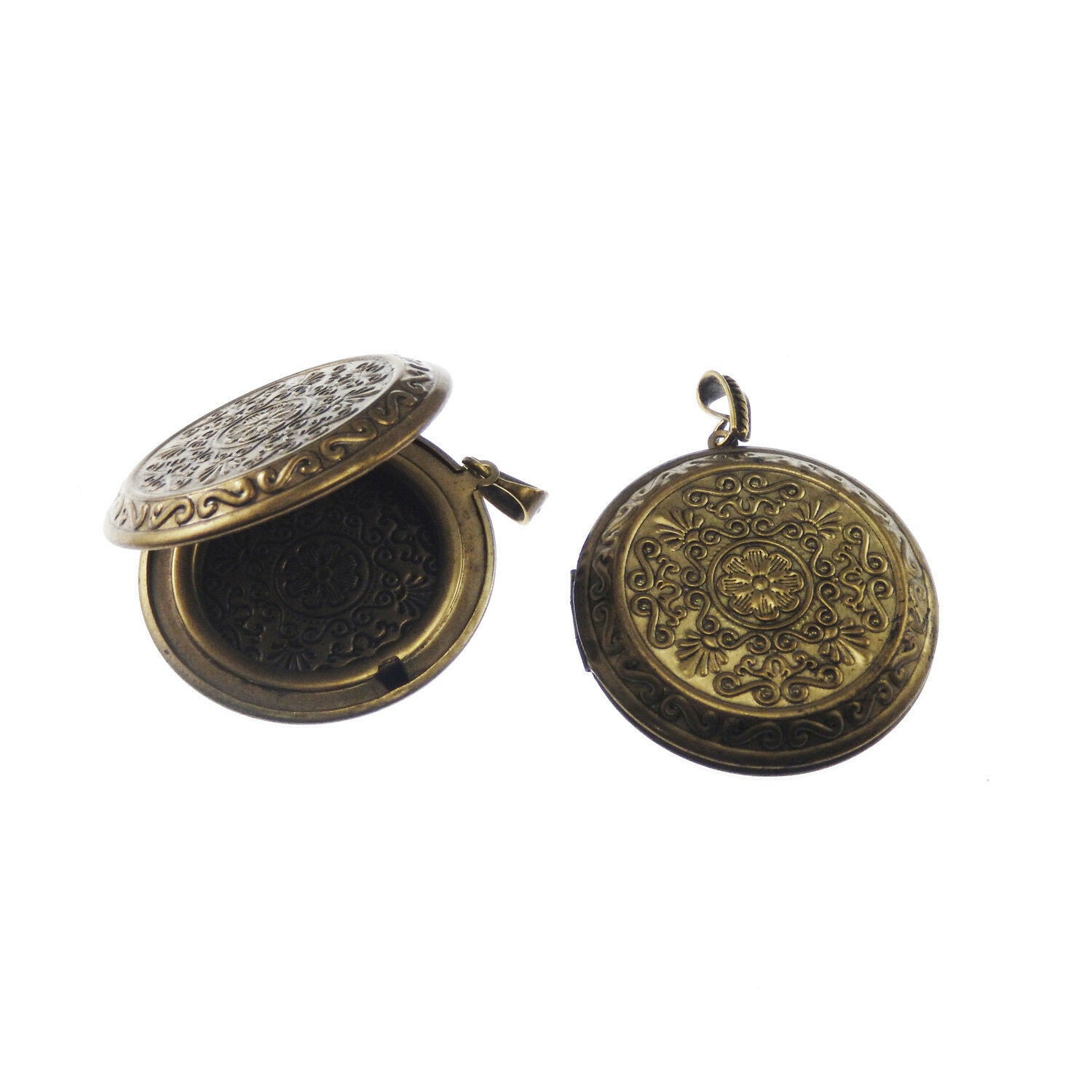 2 pcs Flower Pattern Round Locket Antiqued Bronze Brass Pendant Findings 44mm