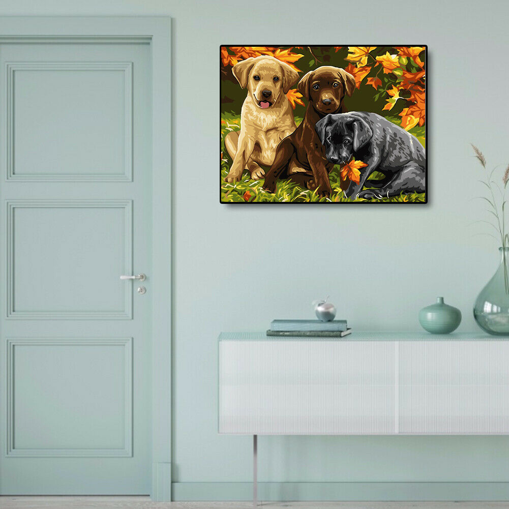 Leaves Dogs DIY Oil Painting By Numbers Kit Canvas Hand Painted Wall Art @