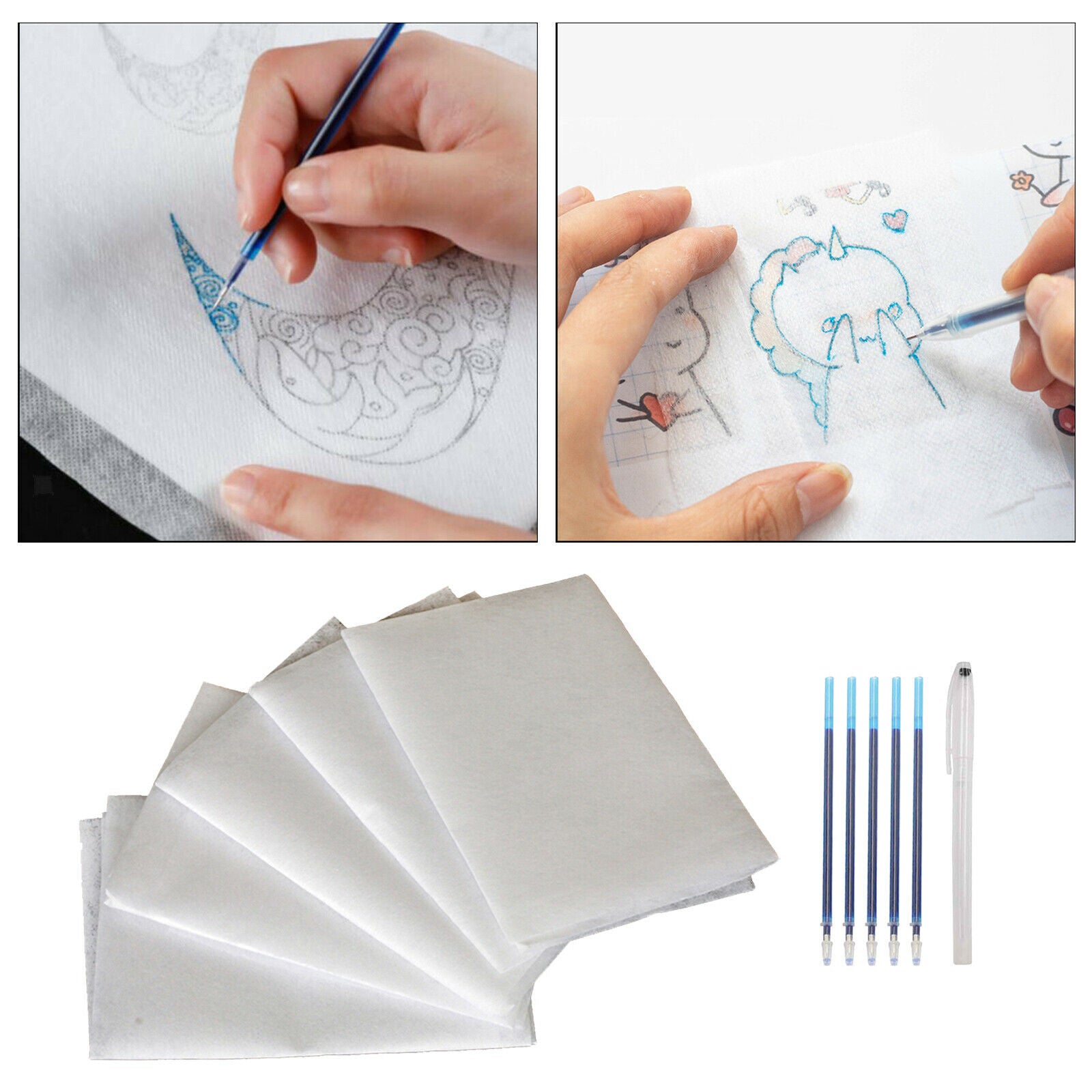 5 Sheets 20x20" Water Soluble Embroidery Stabilizer Tracing Paper with Pens