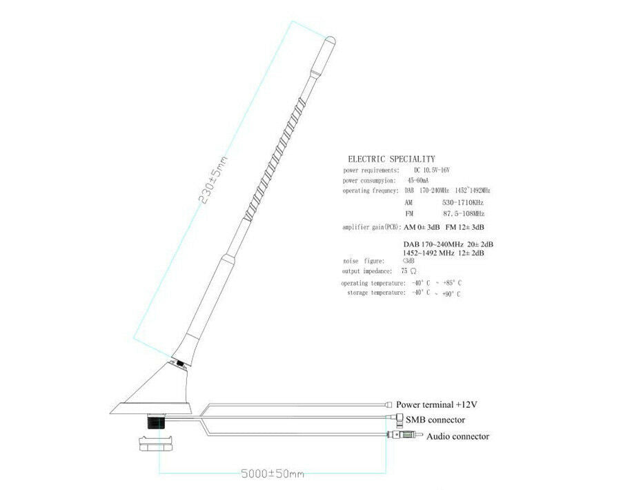 Automobile Roof Mounted Combined FM + DAB Antenna Built-in Amplifier Active SMB
